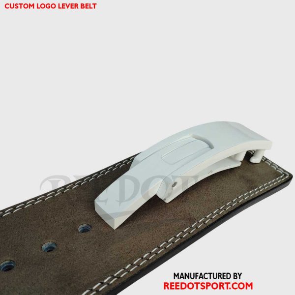 Premium white lever belt featuring reinforced stitching and sleek finish