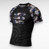 Front view of private label No-Gi rash guard with black body, custom camo sleeves, and sublimated BJJ fightwear design