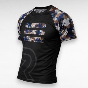 Front view of private label No-Gi rash guard with black body, custom camo sleeves, and sublimated BJJ fightwear design