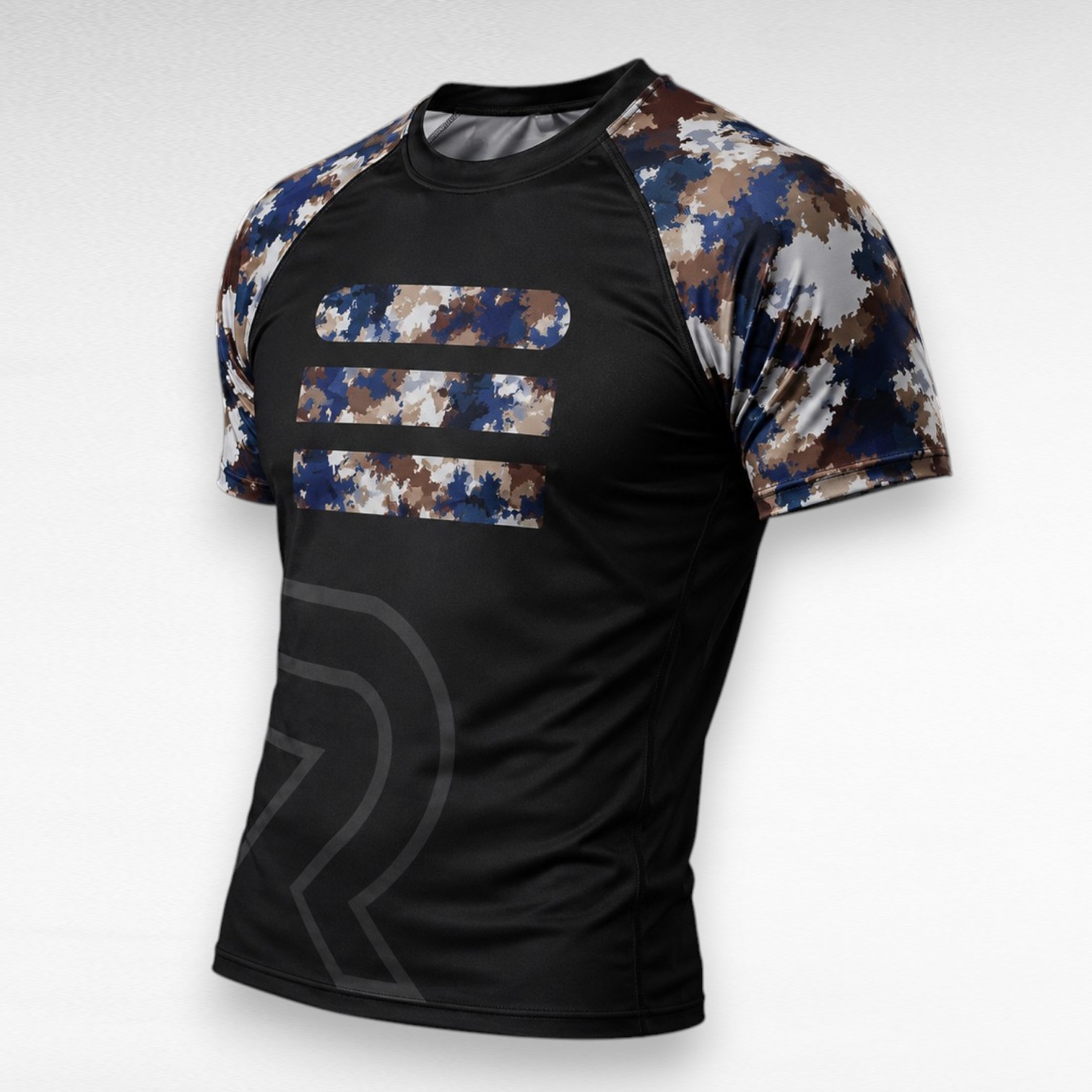 Private Label No-Gi Rash Guard Front View Front view of private label No-Gi rash guard with black body, custom camo sleeves, and sublimated BJJ fightwear design