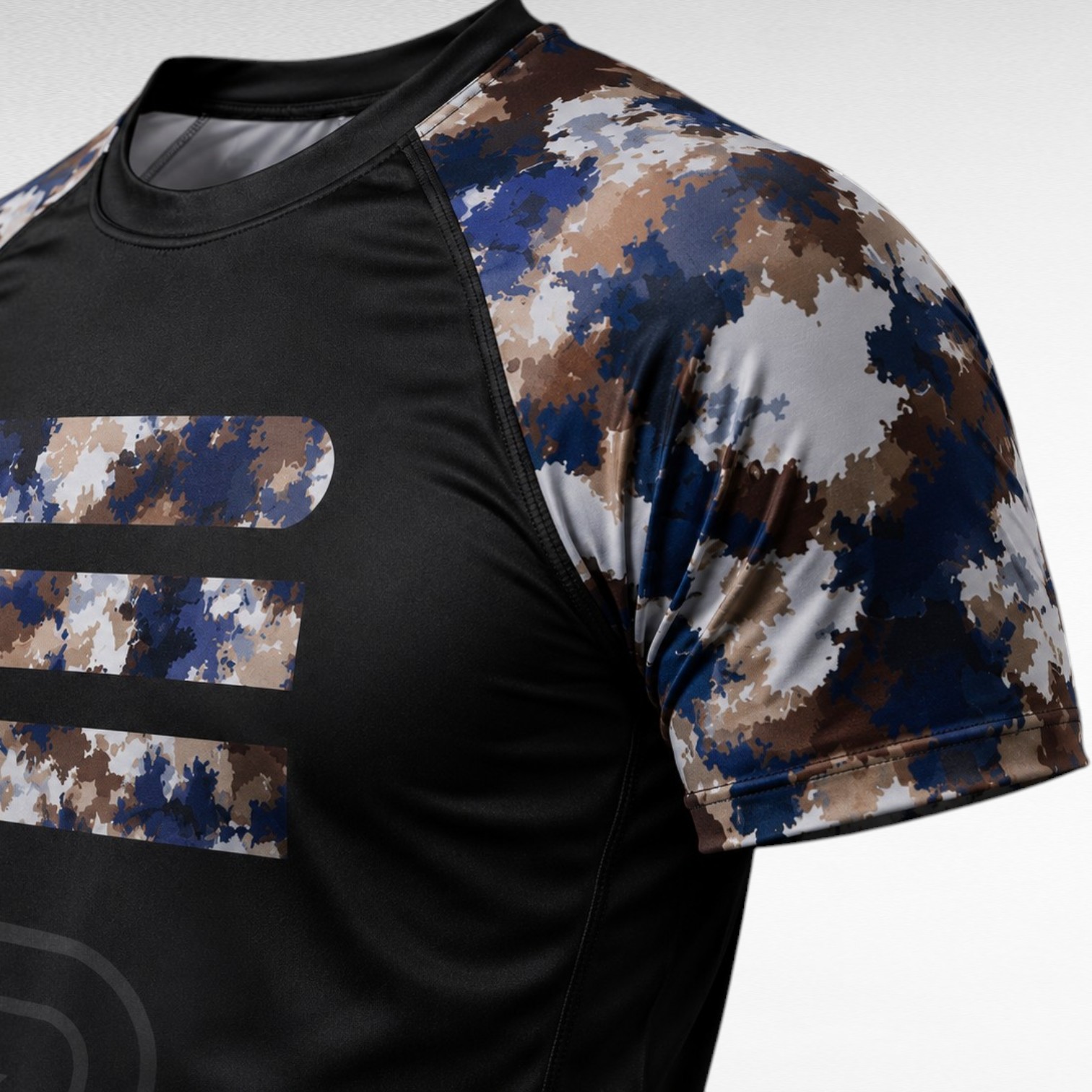 Private Label No-Gi Rash Guard side View Private label No-Gi rash guard manufacturer custom BJJ rash guard with black front body and sublimated camo sleeves and back