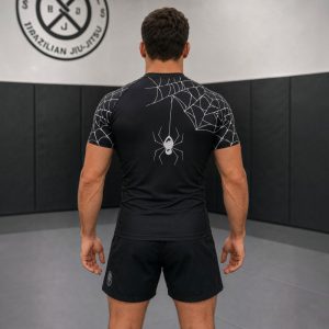 Back view of black BJJ rash guard with spider web shoulder print and hanging spider graphic by Reedot Sports